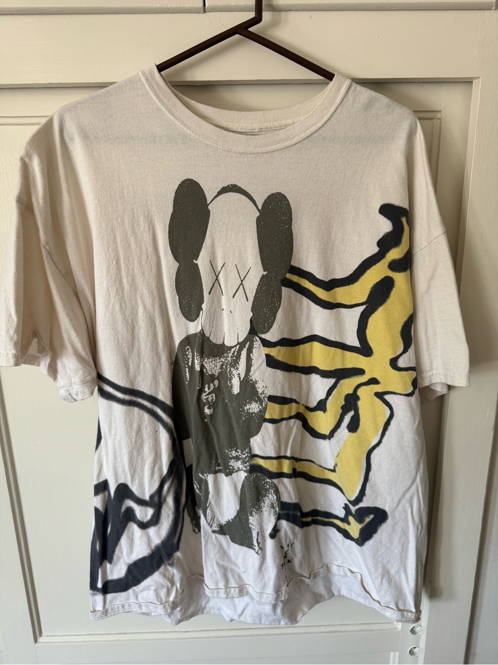 Travis Scott and KAWS White Graphic Tee with Yellow & Black Abstract Print